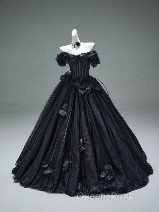 Black A-Line Off-The-Shoulder Tulle 3D Applique Long Evening Prom Dress,Adult Ceremony Graduation Evening Prom Dress