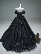 Black A-Line Off-The-Shoulder Tulle 3D Applique Long Evening Prom Dress,Adult Ceremony Graduation Evening Prom Dress