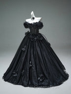 Black A-Line Off-The-Shoulder Tulle 3D Applique Long Evening Prom Dress,Adult Ceremony Graduation Evening Prom Dress