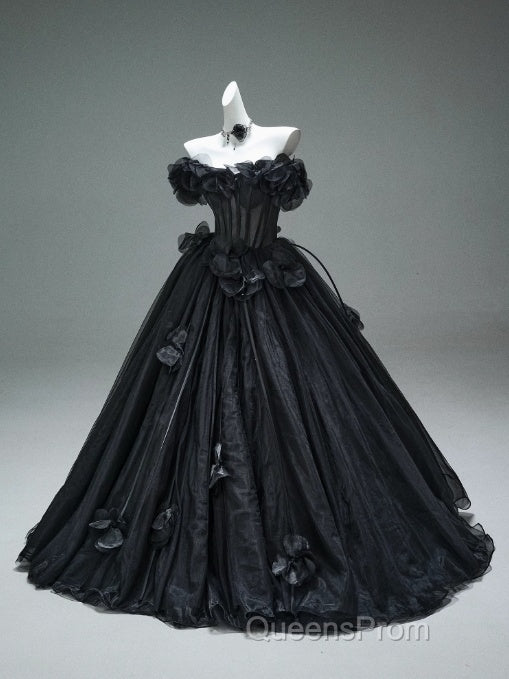 Black A-Line Off-The-Shoulder Tulle 3D Applique Long Evening Prom Dress,Adult Ceremony Graduation Evening Prom Dress