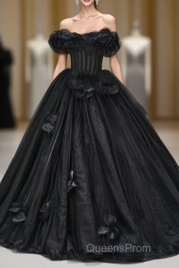 Black A-Line Off-The-Shoulder Tulle 3D Applique Long Evening Prom Dress,Adult Ceremony Graduation Evening Prom Dress Main image