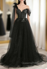 Black A line one Shoulder Tulle Long Evening Prom Dress, Black Tulle Evening Dress