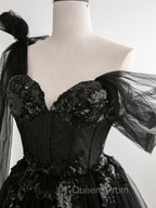 Black A line one Shoulder Tulle Long Evening Prom Dress, Black Tulle Evening Dress