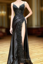 Black A-Line Paghetti Straps Split Lace Applique Evening Prom Dress, Black Evening Dress