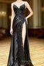 Black A-Line Paghetti Straps Split Lace Applique Evening Prom Dress, Black Evening Dress