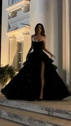 Black A-Line Ruffle Sequin Classy Prom Dress