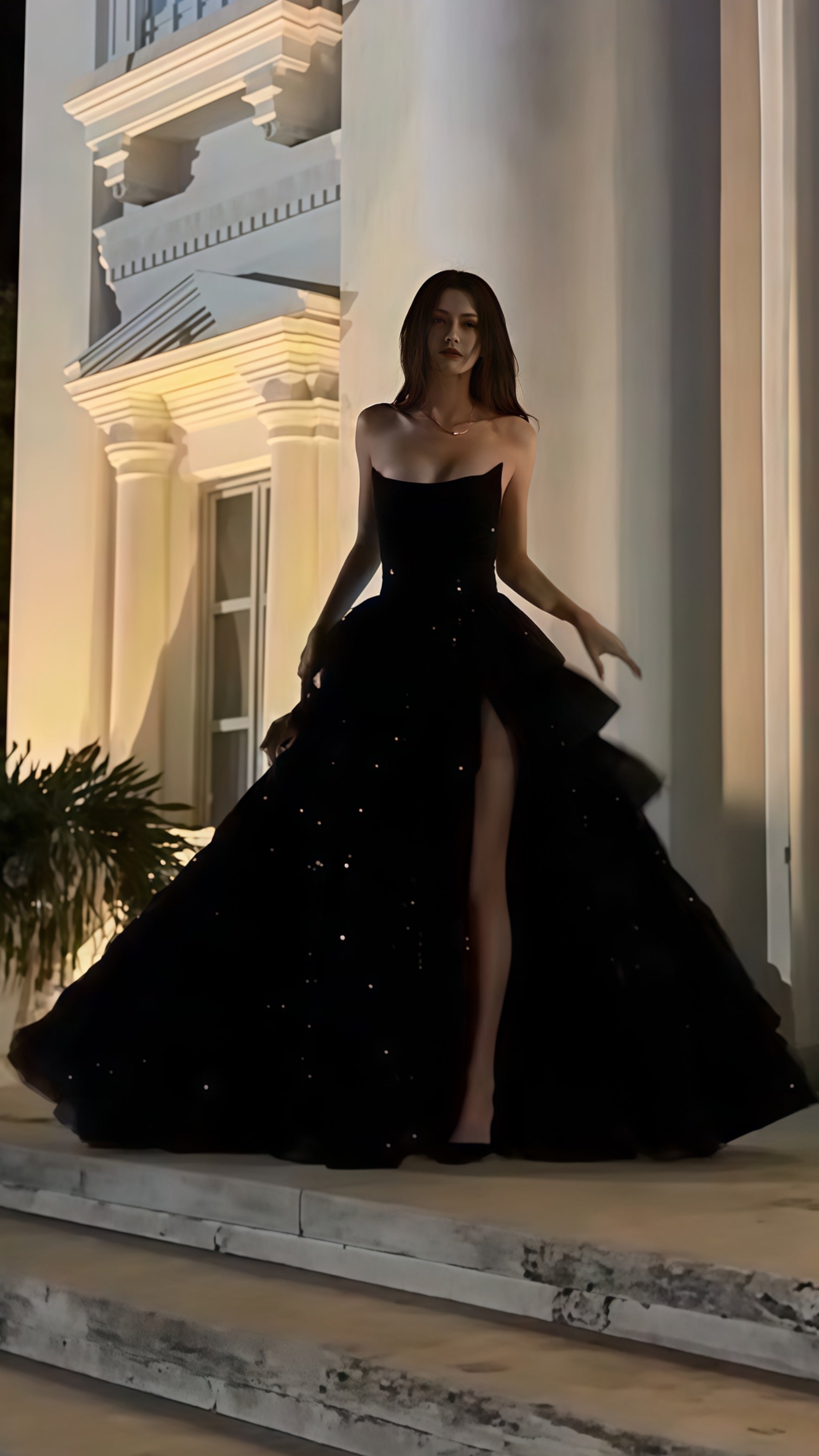 Black A-Line Ruffle Sequin Classy Prom Dress