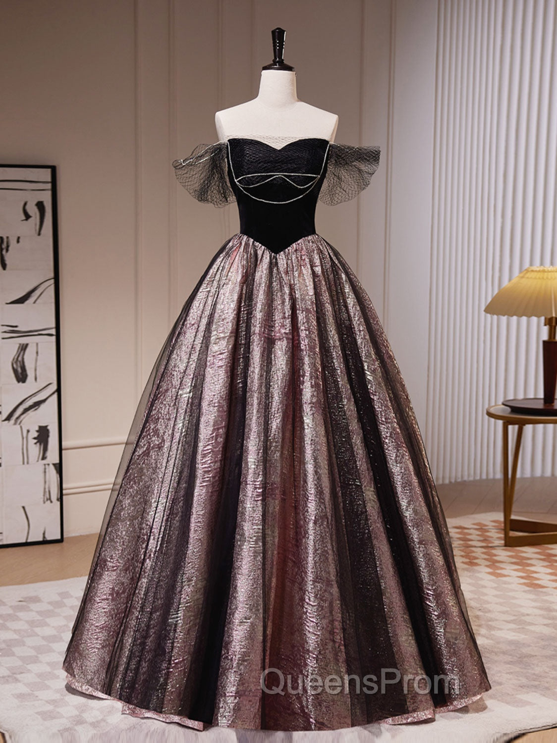 Black A-Line Satin Tulle Long Evening Prom Dress, Black Evening Black Evening Dress