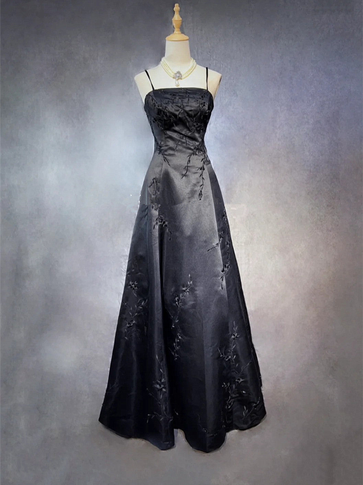 Black A-Line Satin With Lace Applique Classy Prom Dress, Black Straps Long Party Dress Main image