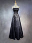 Black A-Line Satin With Lace Applique Classy Prom Dress, Black Straps Long Party Dress