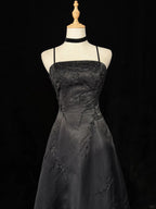 Black A-Line Satin With Lace Applique Classy Prom Dress, Black Straps Long Party Dress