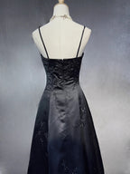 Black A-Line Satin With Lace Applique Classy Prom Dress, Black Straps Long Party Dress