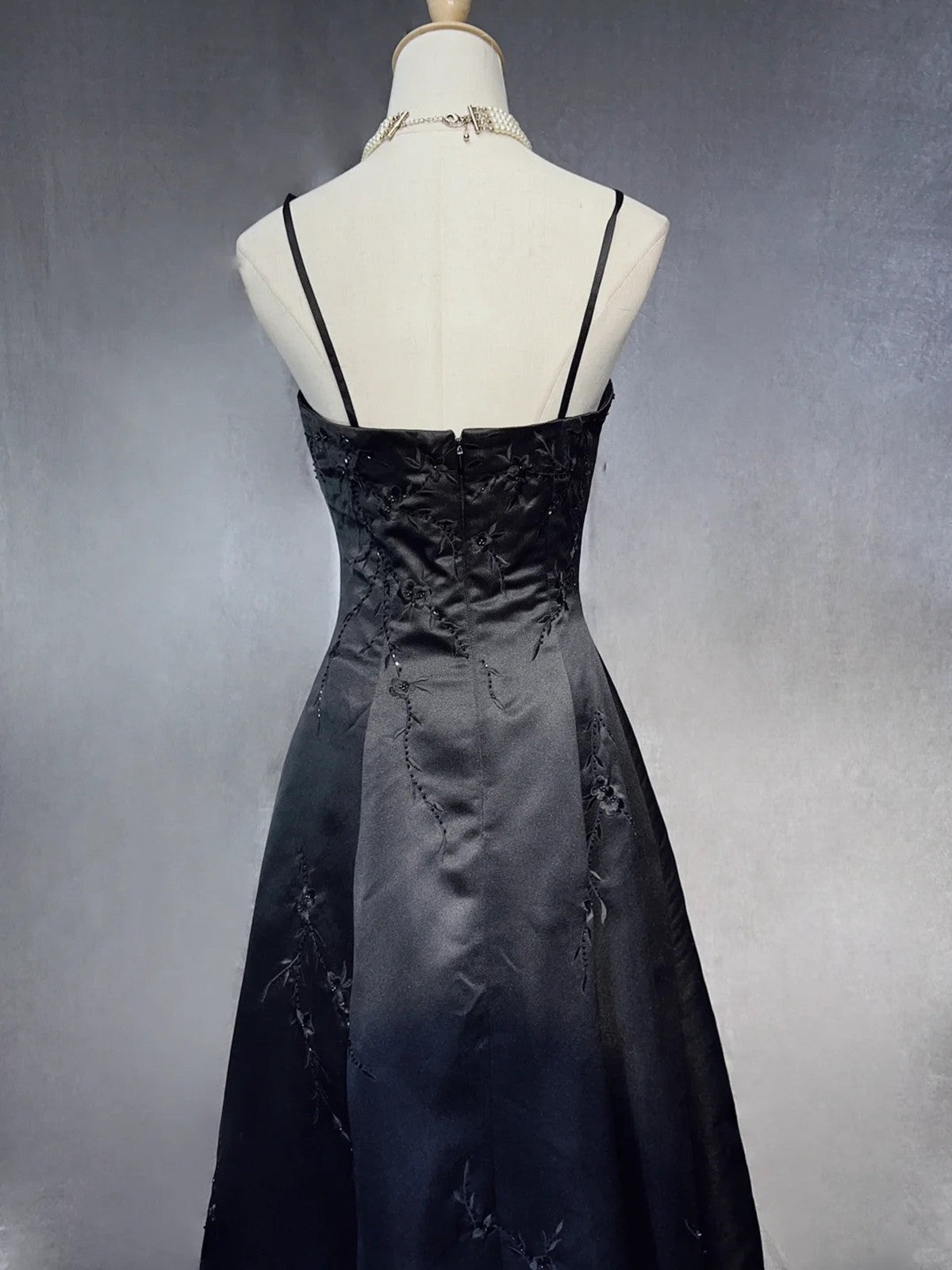 Black A-Line Satin With Lace Applique Classy Prom Dress, Black Straps Long Party Dress