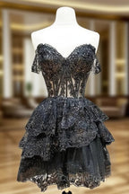 Black A-Line Sequin Tulle Short Evening Prom Dress, Black Homecoming Dress