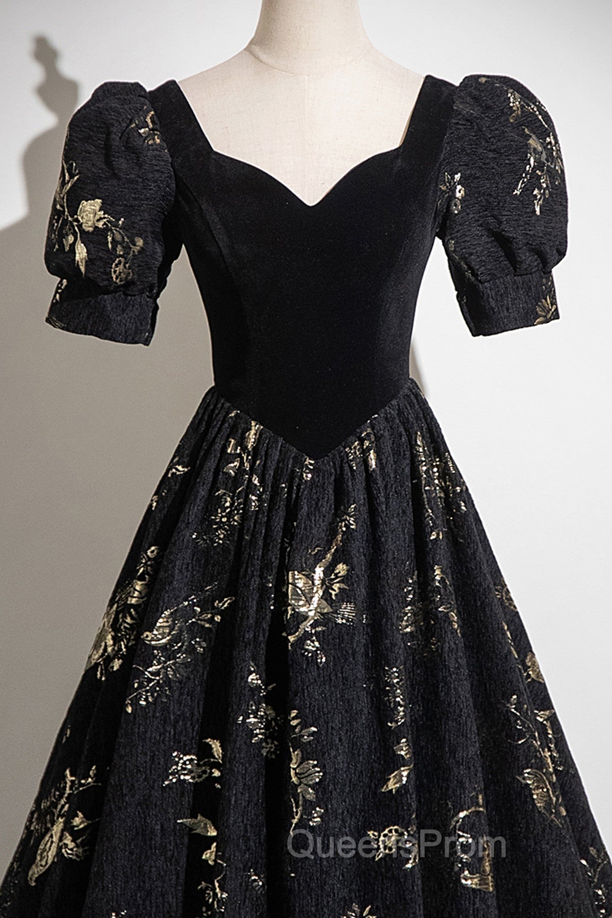Black A-line Short Sleeves Sweetheart Floral Long PartY Dress, Black Evening Prom Dress Secondary image