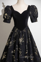 Black A-line Short Sleeves Sweetheart Floral Long PartY Dress, Black Evening Prom Dress