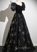 Black A-line Short Sleeves Sweetheart Floral Long PartY Dress, Black Evening Prom Dress