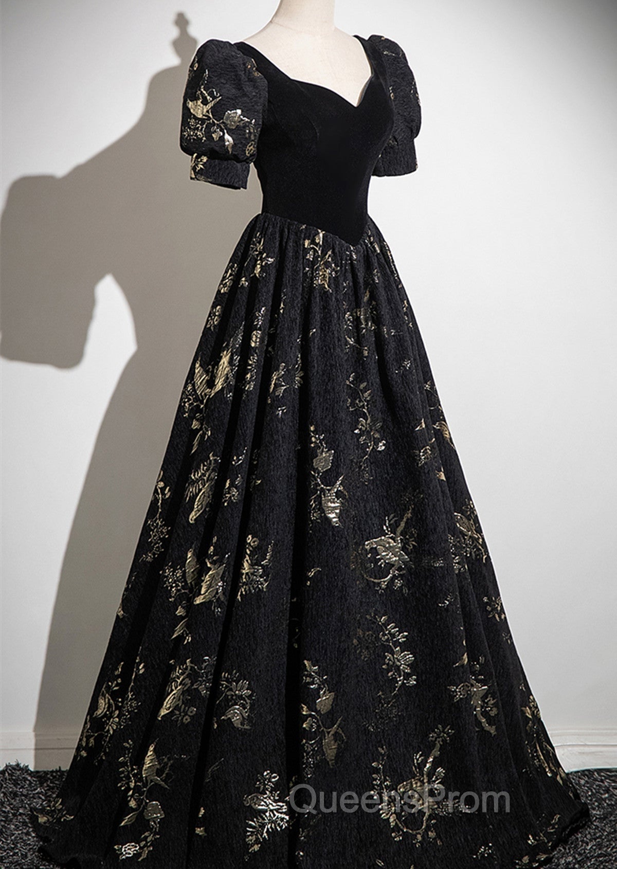 Black A-line Short Sleeves Sweetheart Floral Long PartY Dress, Black Evening Prom Dress