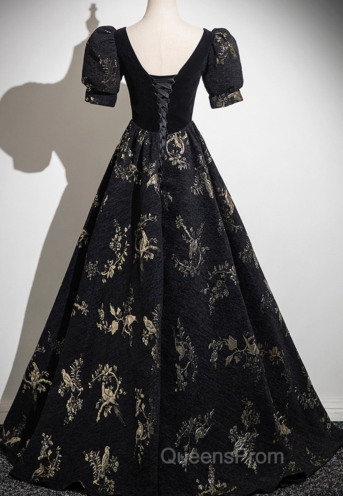 Black A-line Short Sleeves Sweetheart Floral Long PartY Dress, Black Evening Prom Dress