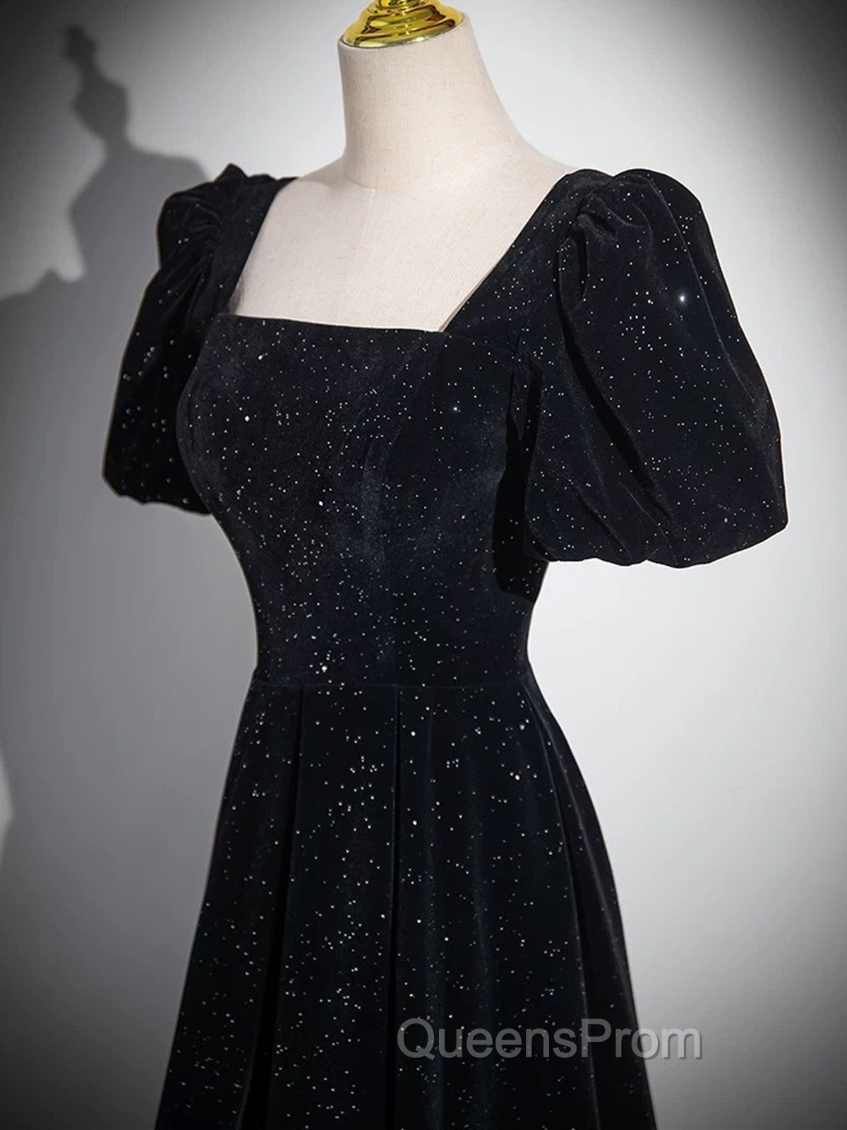 Black A-line Short Sleeves Velvet Simple Party Dress, Black Evening Dress Evening Prom Dress Secondary image