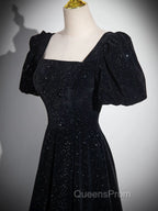 Black A-line Short Sleeves Velvet Simple Party Dress, Black Evening Dress Evening Prom Dress
