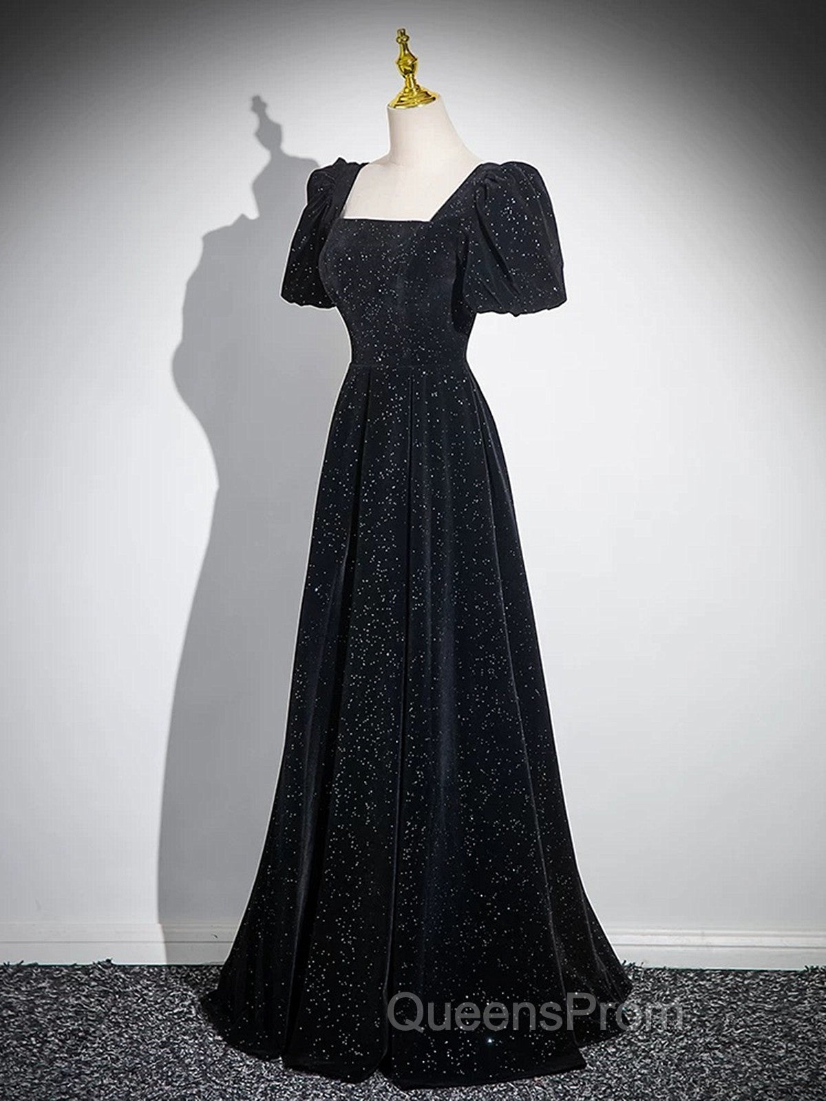 Black A-line Short Sleeves Velvet Simple Party Dress, Black Evening Dress Evening Prom Dress