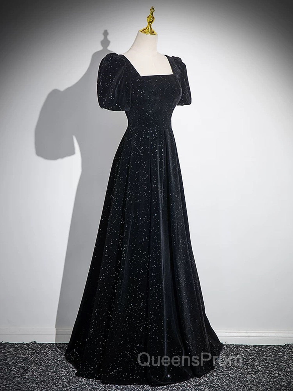 Black A-line Short Sleeves Velvet Simple Party Dress, Black Evening Dress Evening Prom Dress