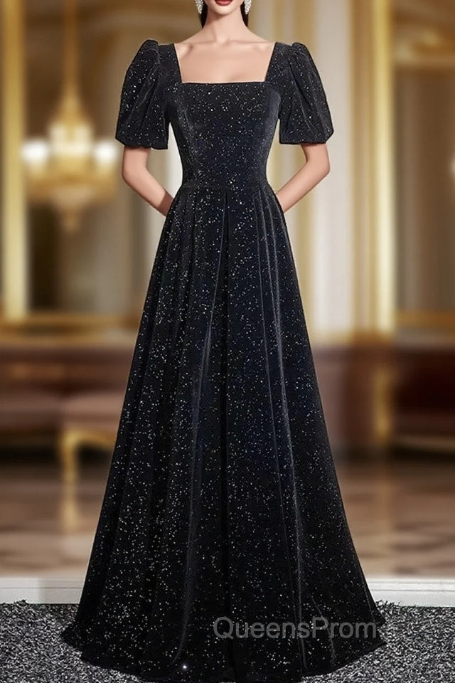 Black A-line Short Sleeves Velvet Simple Party Dress, Black Evening Dress Evening Prom Dress Main image