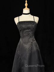 Black A-Line Straps Beaded Floor Length Party Dress, Black Satin Long Evening Prom Dress