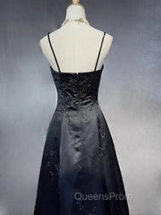 Black A-Line Straps Beaded Floor Length Party Dress, Black Satin Long Evening Prom Dress