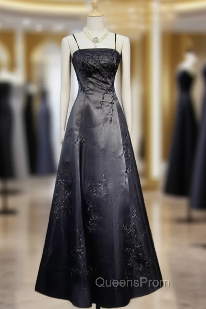 Black A-Line Straps Beaded Floor Length Party Dress, Black Satin Long Evening Prom Dress Main image