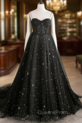 Black A line Sweetheart Neck Tulle Long Evening Prom Dress, Black Evening Graduation Dress