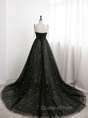 Black A line Sweetheart Neck Tulle Long Evening Prom Dress, Black Evening Graduation Dress