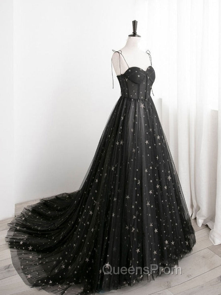 Black A line Sweetheart Neck Tulle Long Evening Prom Dress, Black Evening Graduation Dress Main image