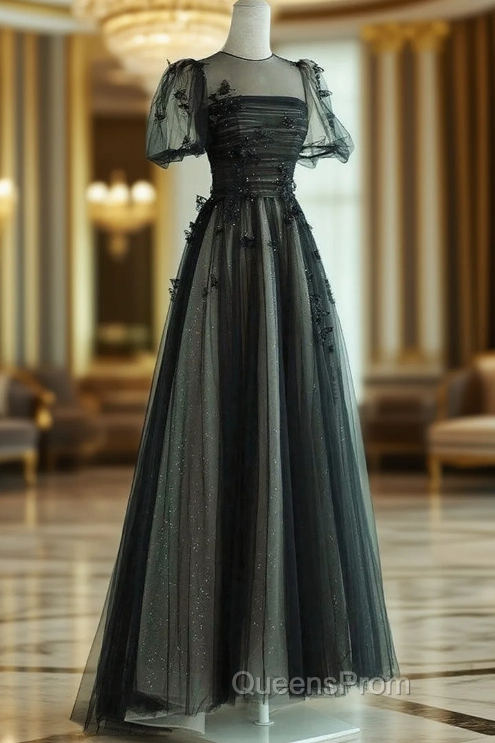 Black A-Line Tulle Butterfly Long Evening Prom Dress, Black Long Evening Dress Main image