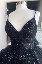 Black A-Line Tulle High Low Evening Prom Dress, V-Neck Evening Party Dress