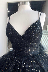 Black A-Line Tulle High Low Evening Prom Dress, V-Neck Evening Party Dress