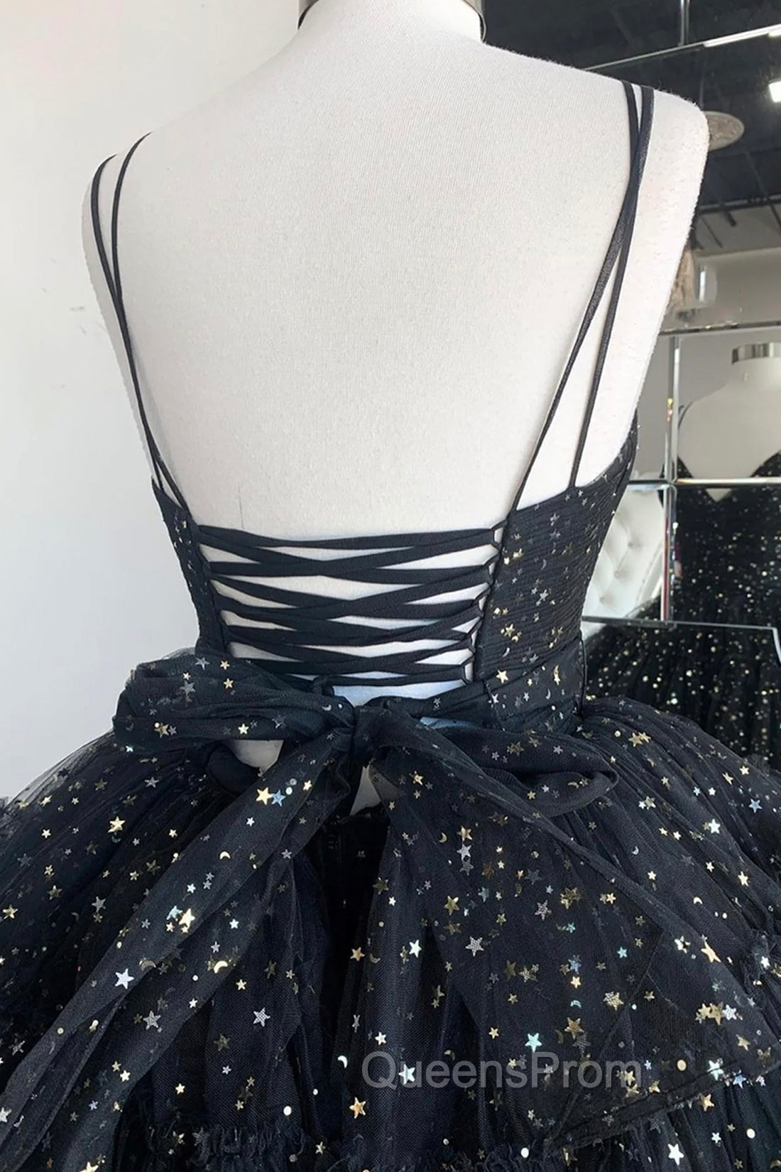 Black A-Line Tulle High Low Evening Prom Dress, V-Neck Evening Party Dress