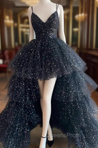 Black A-Line Tulle High Low Evening Prom Dress, V-Neck Evening Party Dress