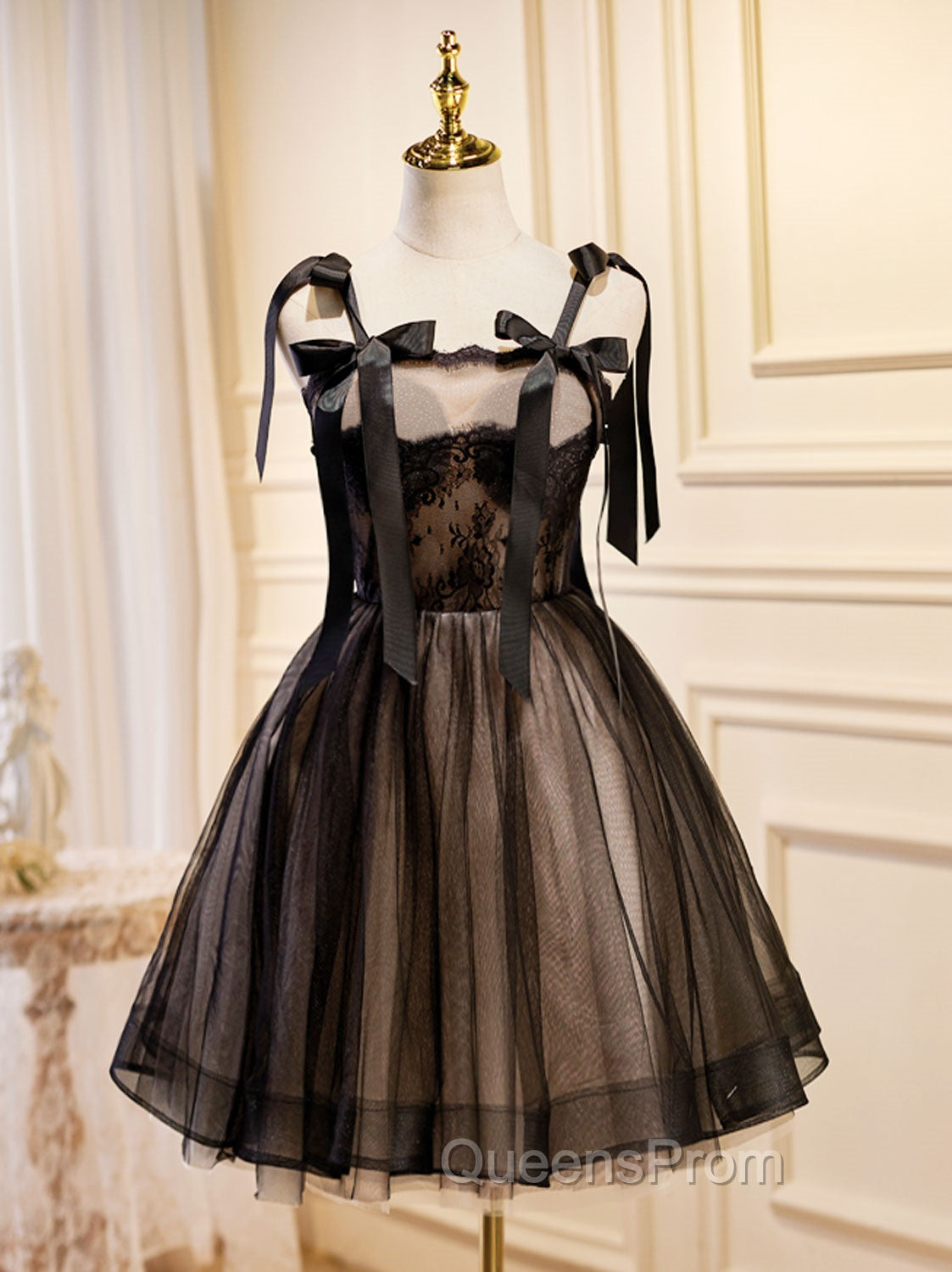 Black A-Line Tulle Lace Short Evening Prom Dress, Black Lace Homecoming Dress Main image