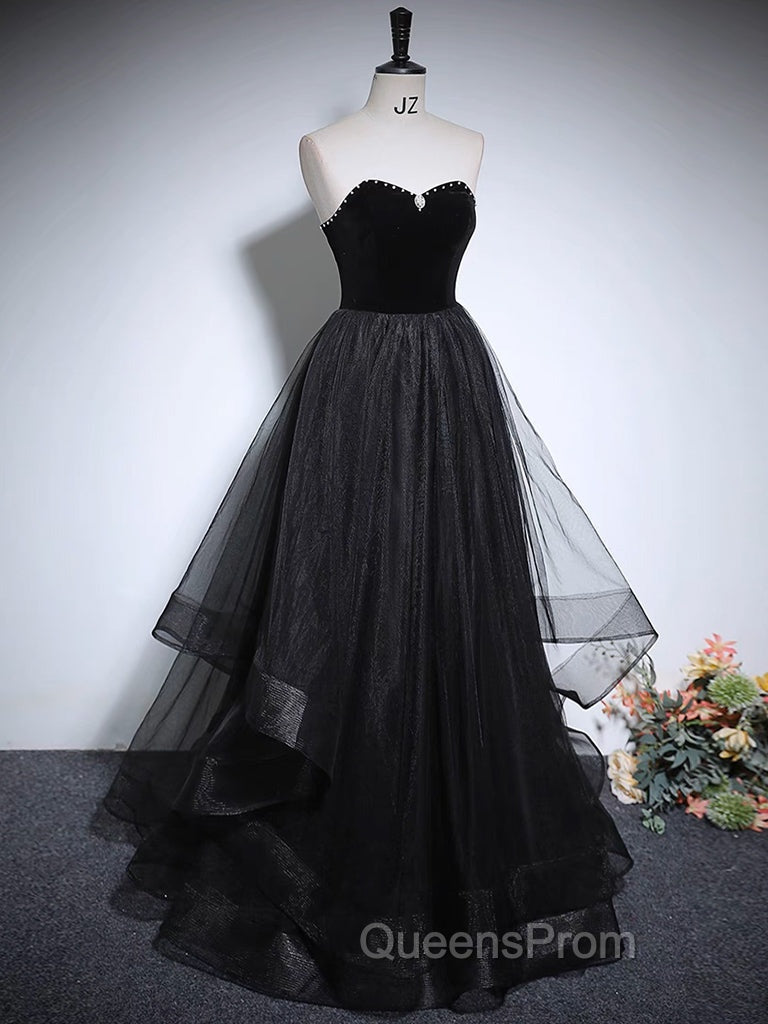 Black A-Line Tulle Long Evening Prom Dress, Black Long Evening Dress