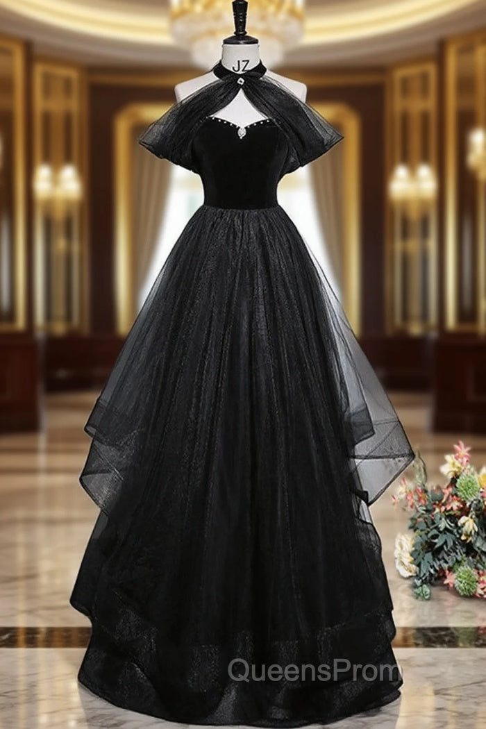 Black A-Line Tulle Long Evening Prom Dress, Black Long Evening Dress Main image