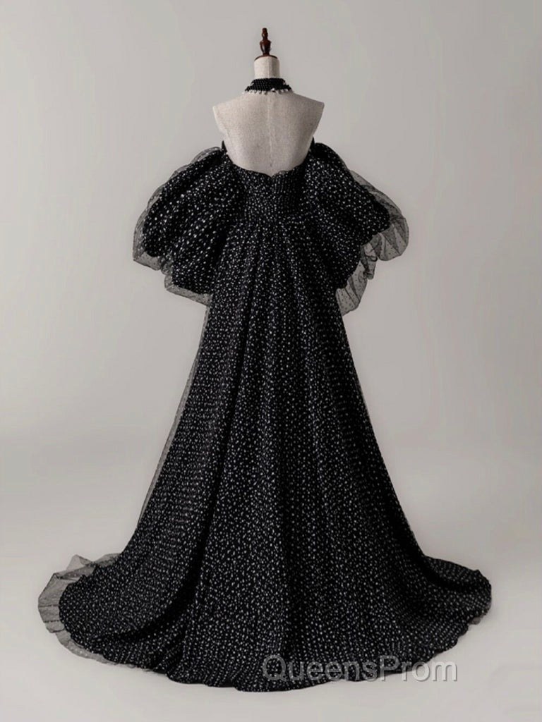 Black A- Line Tulle Long Evening Prom Dress, Black Long Formal Dress Secondary image