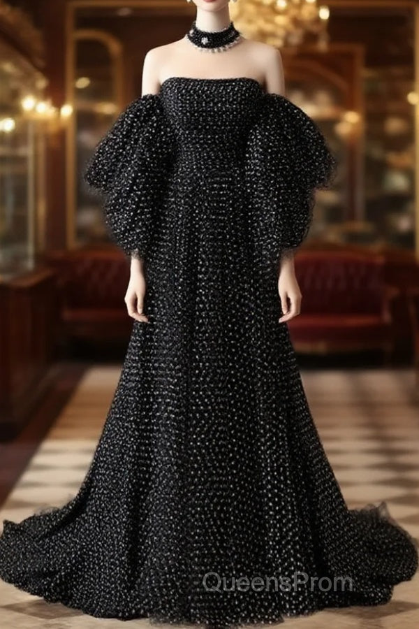 Black A- Line Tulle Long Evening Prom Dress, Black Long Formal Dress