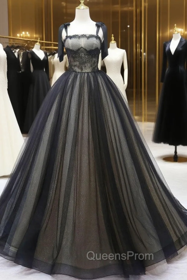 Black A-Line Tulle Long Evening Prom Dress, Black Tulle Evening Dress Main image