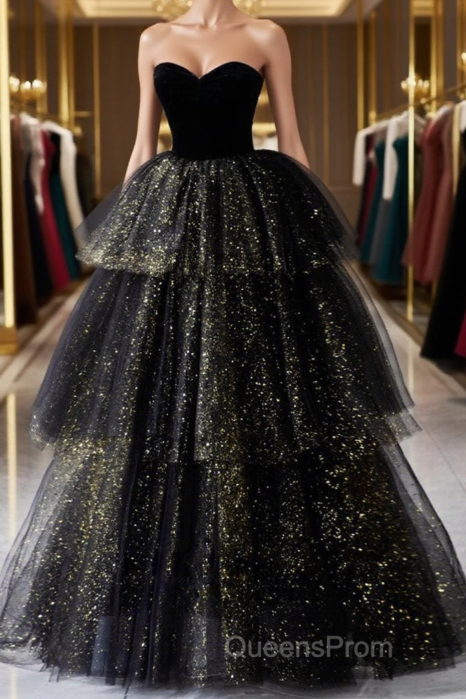 Black A-Line Tulle Shiny Tulle Long Evening Prom Dress, Black Tulle Formal Dress Main image