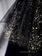 Black A-Line Tulle Shiny Tulle Long Evening Prom Dress, Black Tulle Formal Dress