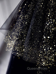 Black A-Line Tulle Shiny Tulle Long Evening Prom Dress, Black Tulle Formal Dress