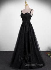 Black A-Line Tulle Straps Simple Long Evening Prom Dress, Black Evening Dress Party Dress