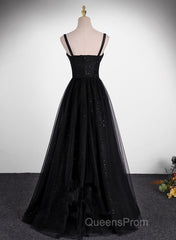 Black A-Line Tulle Straps Simple Long Evening Prom Dress, Black Evening Dress Party Dress